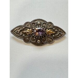 925 Silver & 18K GOLD - Vintage Antique Amethyst Two Tone Brooch Pin‎